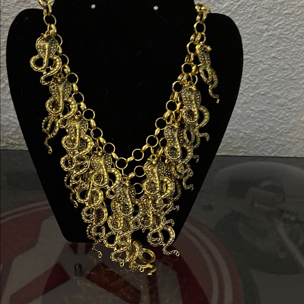 Vintage Burnished Gold Tone Cobra snake Charm Statement Necklace